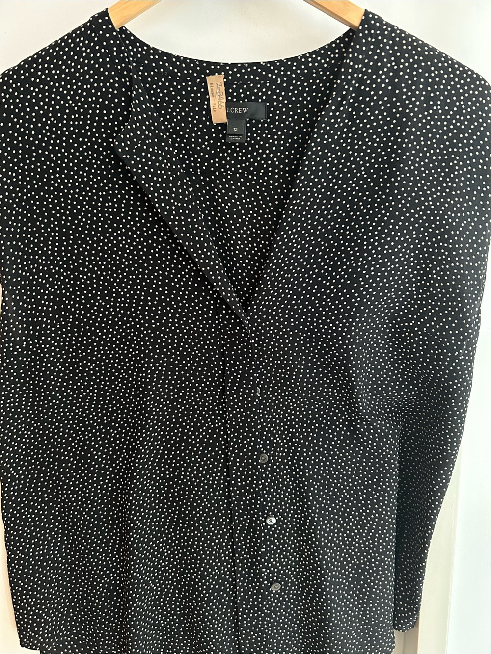J. Crew Black Button-Down Blouse with White Polka Dots, cap sleeves, 100% silk